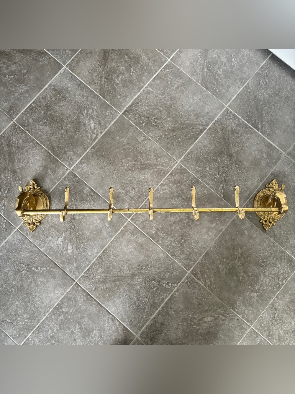 Vintage 3.5 ft Brass Horse Head Tack Rack Coat Rack, Equestrian Entryway 5 Hooks